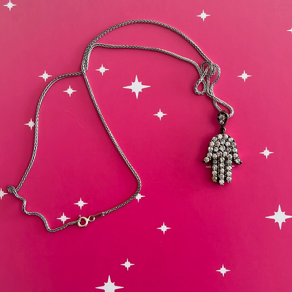 “New”Sterling Silver Crystals Hamsa, on a Sterling Silver 10 1/2 inch necklace.